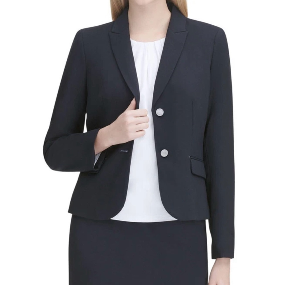 Calvin Klein Women's 2 Button Blazer Jacket Women Sz 2 Navy Blue Suit Coat Lined